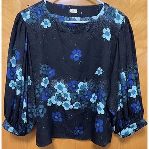 Warm Women's 100% Silk Floral Balloon Sleeve‎ Boxy Fit Top Black Sz 2/M